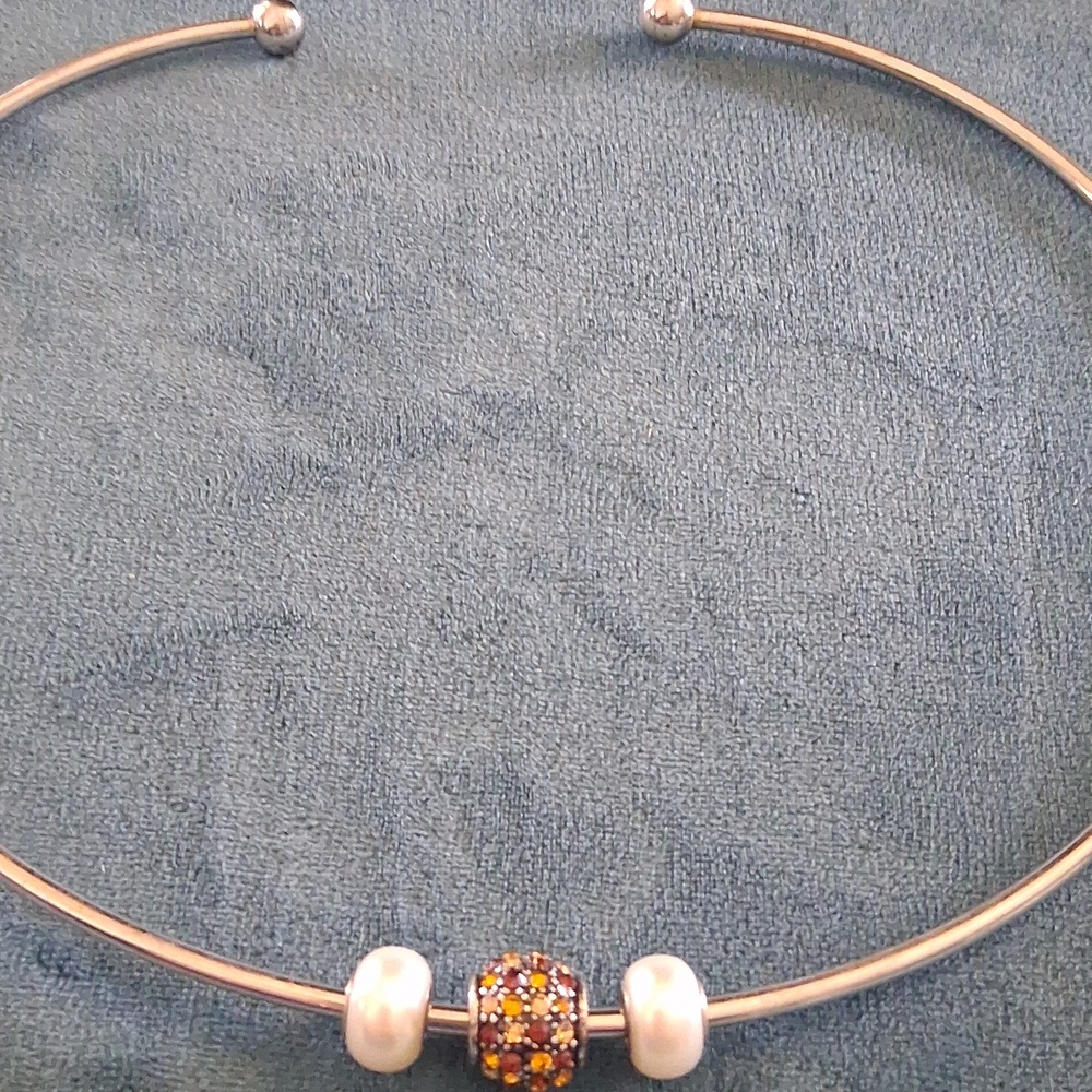 Silver Choker Necklace with Multicolor Pavé and Pearl Bead Charms Ect.